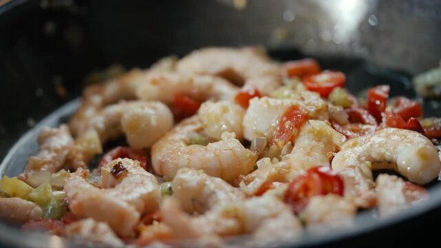 Hand sprinkles seasoning over sizzling shrimp in skillet. Steam rises as flavors meld. Cooking process captured in warm, focused shots. Perfect for culinary, recipe, or food preparation content
