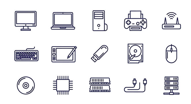 Set of computer hardware and technology icons