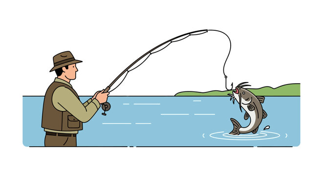 Fisherman Catches Big Catfish Out of Water, Angler with Fishing Rod and Reel