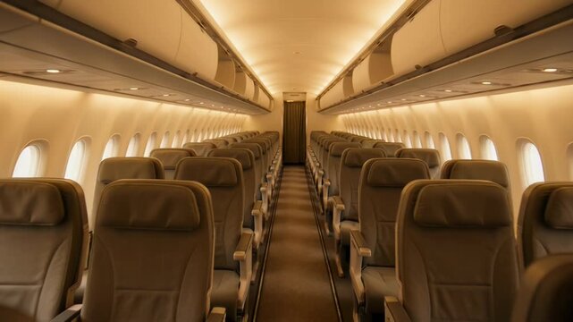 An interior view of an airplane cabin showcases rows of seats and windows, bathed in warm, inviting light, creating a sense of travel and anticipation.