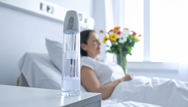 An incentive spirometer sits on a hospital bedside table with a patient and flowers in the blurred background
