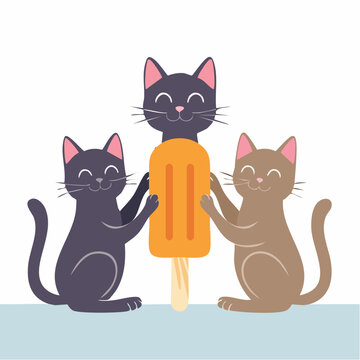 Three happy cats sharing an orange popsicle