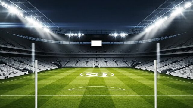 Floodlit soccer stadium field and empty stands.