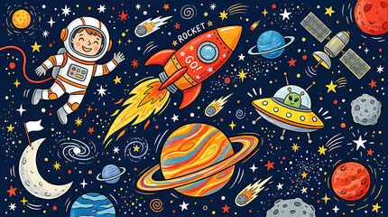 Naklejka premium Colorful Space Adventure Illustration with Planets Rockets Astronauts and Celestial Bodies