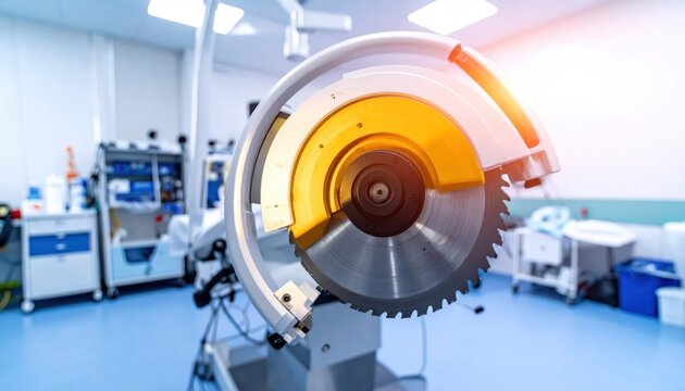 An orthopedic cast saw with its sharp circular blade prominently displayed within a clean medical setting.