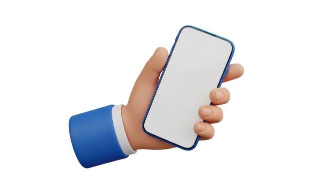 3d cartoon hand holding a smartphone with blue sleeve