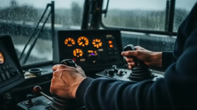 Action-Packed Train Control, Operator in Cabin, Industrial Location, Video Capture, Dynamic Environment, Close-Up View, Motion Concept