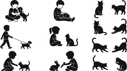 Obraz premium Children Playing with Cats and Pets Silhouette Collection Featuring Animal Care and Cute Pet Activities
