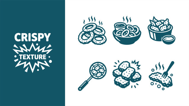 Crispy food texture vector icon set featuring fried snacks and onion rings