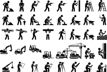 Construction Worker Silhouette Collection with Heavy Machinery Surveying Masonry Excavation and Industrial Building Activities © Limon