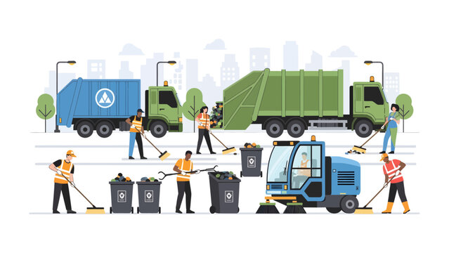 Urban Sanitation Crew: A team of city workers diligently cleans the streets, operating a street sweeper and garbage trucks, ensuring a pristine urban environment.