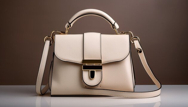 elegant off white leather handbag with a top handle shoulder strap and metallic accents
