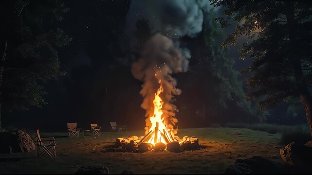 Large campfire burning brightly in an empty forest campsite at night under a starry sky with a peaceful and cozy atmosphere