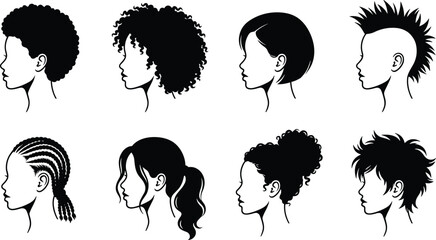 Women Hairstyle Profile Silhouette Collection with Afro Braids Ponytail Mohawk and Modern Fashion Haircuts © Limon