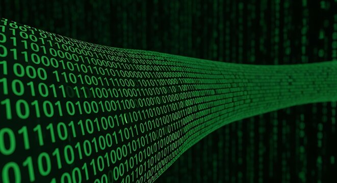 Digital binary code flowing across dark background.