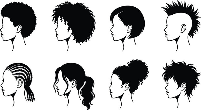 Women Hairstyle Profile Silhouette Collection with Afro Braids Ponytail Mohawk and Modern Fashion Haircuts