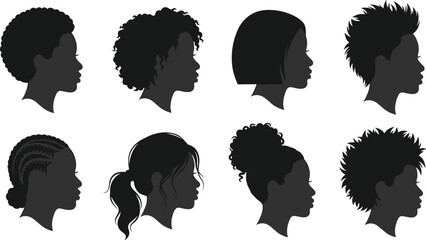 Women Hairstyle Silhouette Collection Featuring Afro Braids Ponytail Short Hair and Fashion Profile Illustrations © Limon