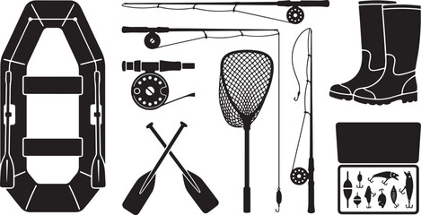 Fishing and Outdoor Gear Silhouette Set – Inflatable Boat, Rods, Reel, Net, Boots and Tackle Box Vector Icons   © Open Expression