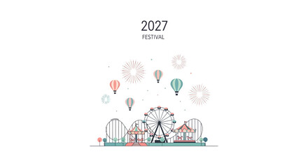 2027 Festival Amusement Park Illustration with Hot Air Balloons and Roller Coaster © Naufal Zidan