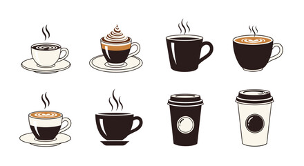 Obraz premium Variety of coffee cup icons including latte, espresso, and takeaway containers with steam for cafe branding and menu design.