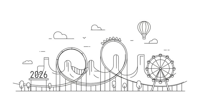 2026 Amusement Park Outline Illustration with Roller Coaster and Ferris Wheel