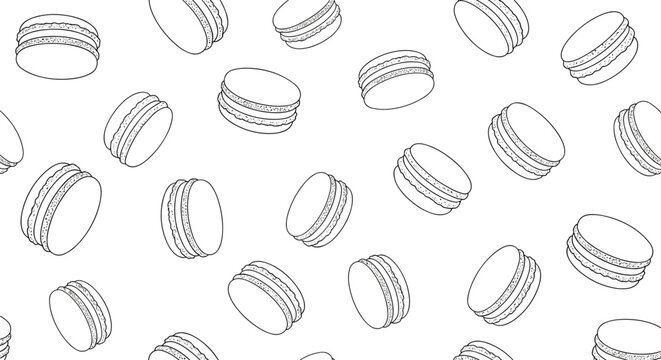 Seamless pattern with hand drawn macaron outlines in various positions and angles in simple black and white style on white.