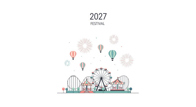 2027 Festival Amusement Park Illustration with Hot Air Balloons and Roller Coaster