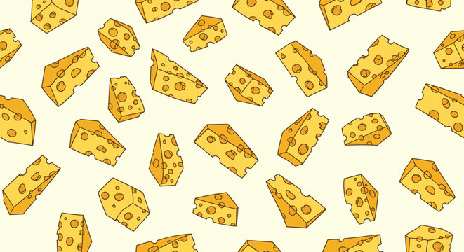 Repeating pattern featuring yellow cheese wedges with holes on a light background for fabric, wrapping paper, or kitchen accessories.
