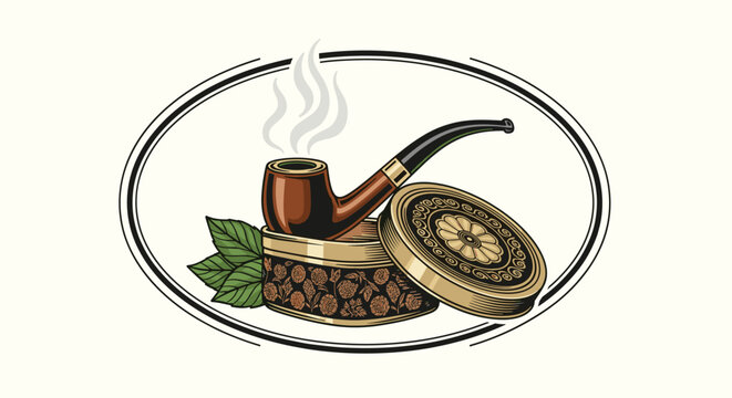 Smoking pipe resting on a highly decorative gold and black tobacco tin with floral patterns inside an oval frame on white.