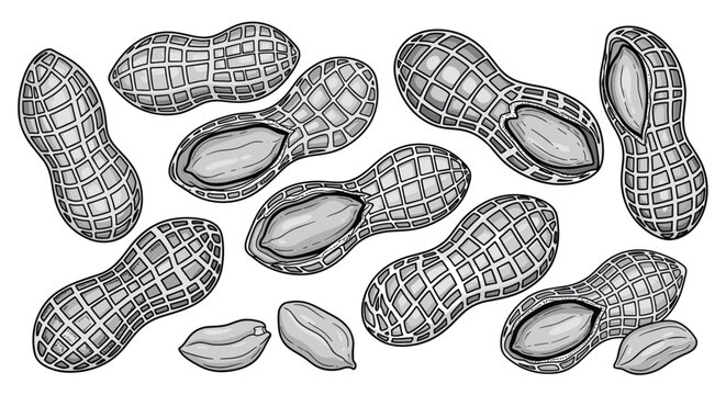 Detailed monochrome illustrations of peanuts in shells and kernels in a scattered arrangement for snack packaging and health food.