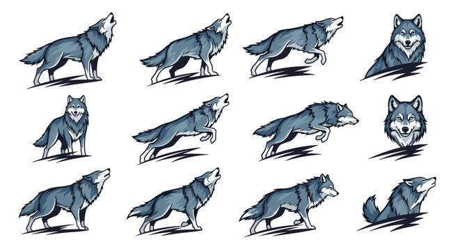 Collection of wolf illustrations in various poses including howling, running, and portraits for wilderness and mascot designs.