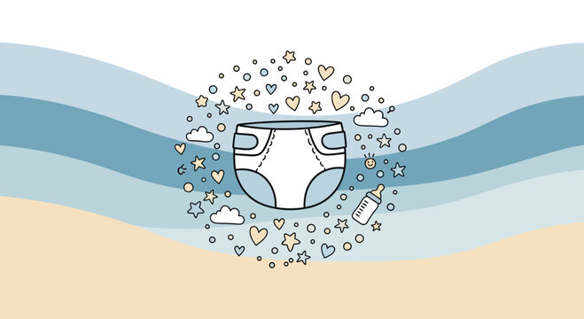 Baby Diaper and Feeding Bottle Illustration with Pastel Wave Background