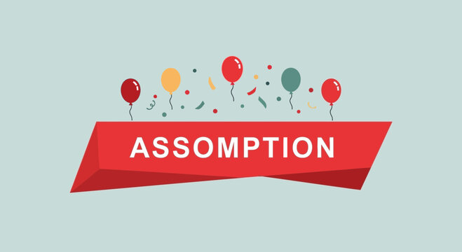 Assomption Text on Red Banner with Festive Balloons