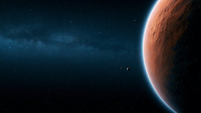 Red Planet View from Space with Moons and Distant Nebula in Universe