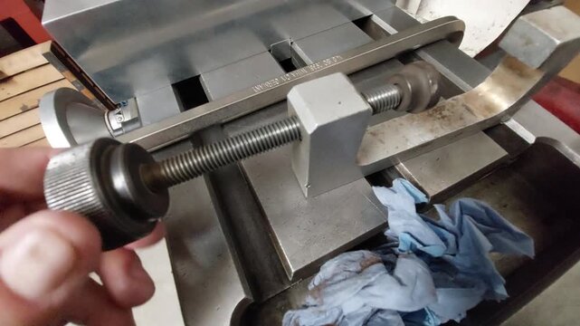 Close-up of a hand adjusting a threaded rod on a heavy-duty industrial clamp fixture