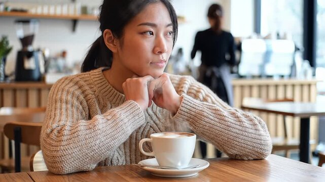 Young Asian woman sits thoughtfully in cafe, closing eyes and relaxing with coffee.
