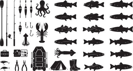 Fishing Gear, Aquatic Marine Life, and Outdoor Equipment Vector Silhouette Set © Open Expression
