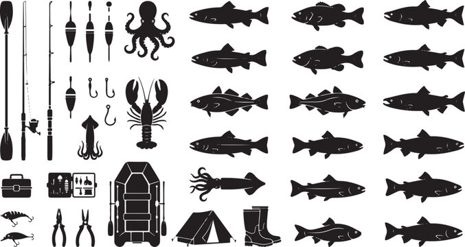 Fishing Gear, Aquatic Marine Life, and Outdoor Equipment Vector Silhouette Set