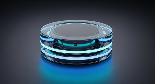 A futuristic glowing blue circular bluetooth beacon isolated on a dark background representing modern wireless communication technology connectivity concepts
