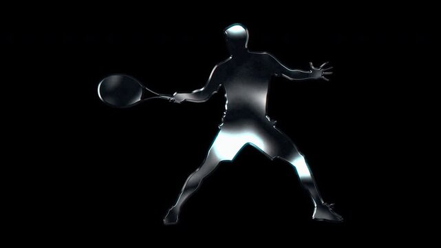 Silver metallic male tennis player forehand stance silhouette. Alpha channel. Seamless loop video.