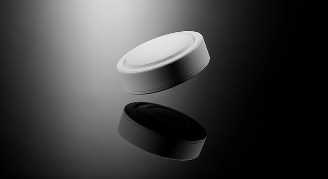 A minimalist white bluetooth beacon floating against a dramatic dark background with soft lighting and a reflective surface underneath for modern technology.