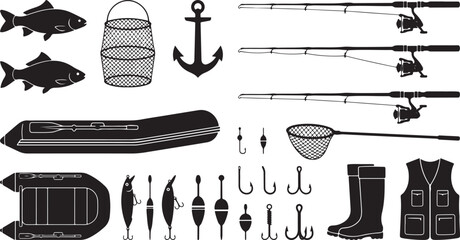 Fishing Gear, Inflatable Boats, and Angler Equipment Vector Silhouette Set © Open Expression