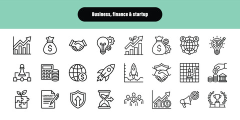 A collection of business, finance, and startup icons presented in a clean, line-art style on a light green background, showcasing various concepts such as growth, teamwork, and innovation © Design Row