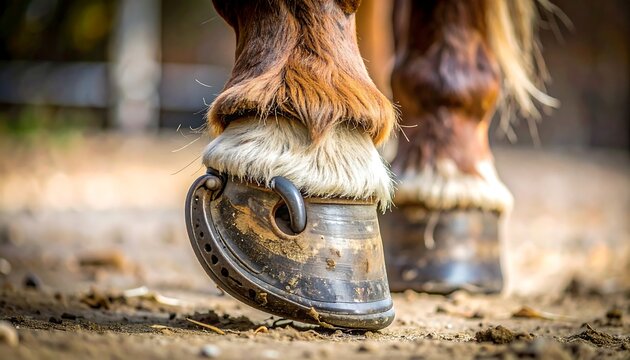 Close-up of a horse's front hoof with a horseshoe on dusty ground. Fur and the bottom of the other leg are partially visible