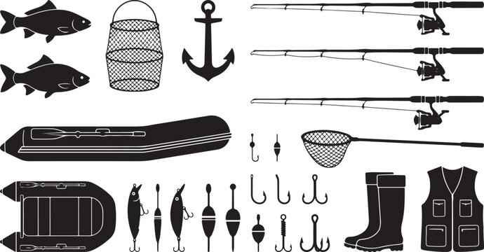 Fishing Gear, Inflatable Boats, and Angler Equipment Vector Silhouette Set