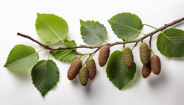 alder tree branch displaying verdant foliage and dangling cones against white backdrop highlighting botanical details