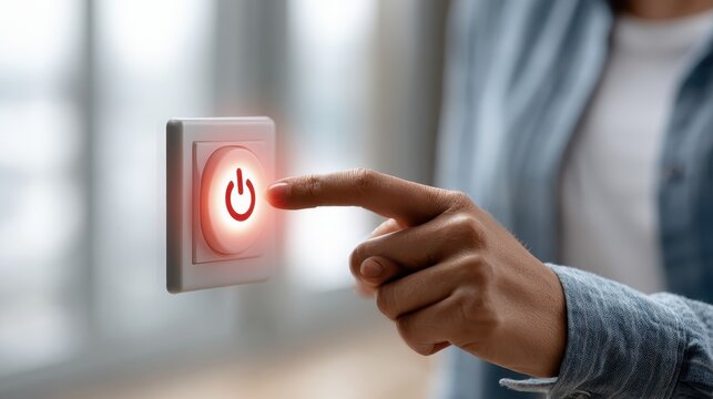 Fingers press a power button, but there is no response. The scene suggests an energy outage in a low-light setting