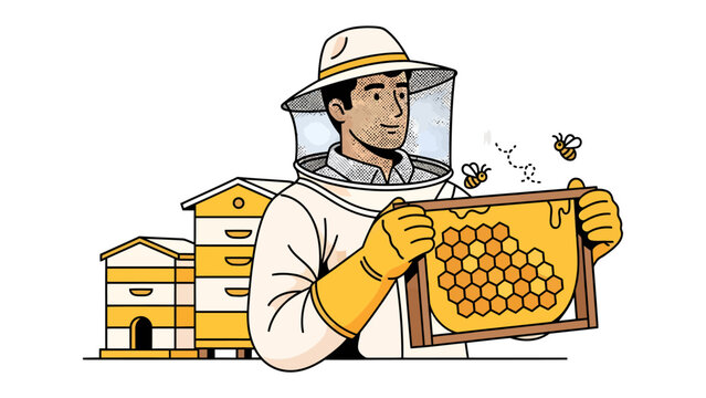 Beekeeper with Honeycomb: A diligent beekeeper, clad in protective gear, carefully holds a frame of honeycomb, with apiaries in the background and bees buzzing around.