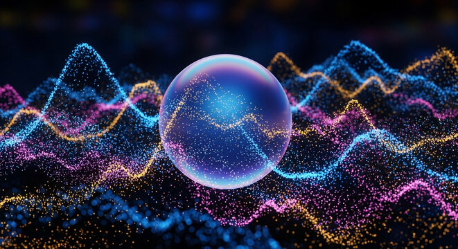 Abstract Digital Sphere with Glowing Data Wave Particles