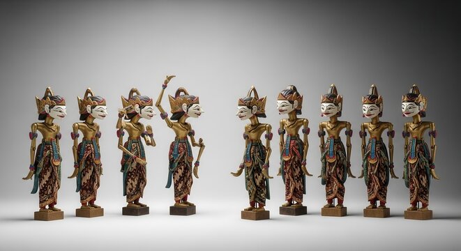 Collection of antique wooden puppets arranged in a line against a neutral background.